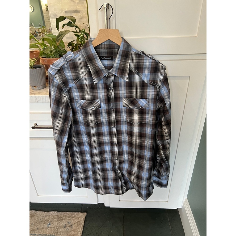7 Diamonds Mens Cowboy Snap Front Western Shirt Brown Blue Bird Embroidery L